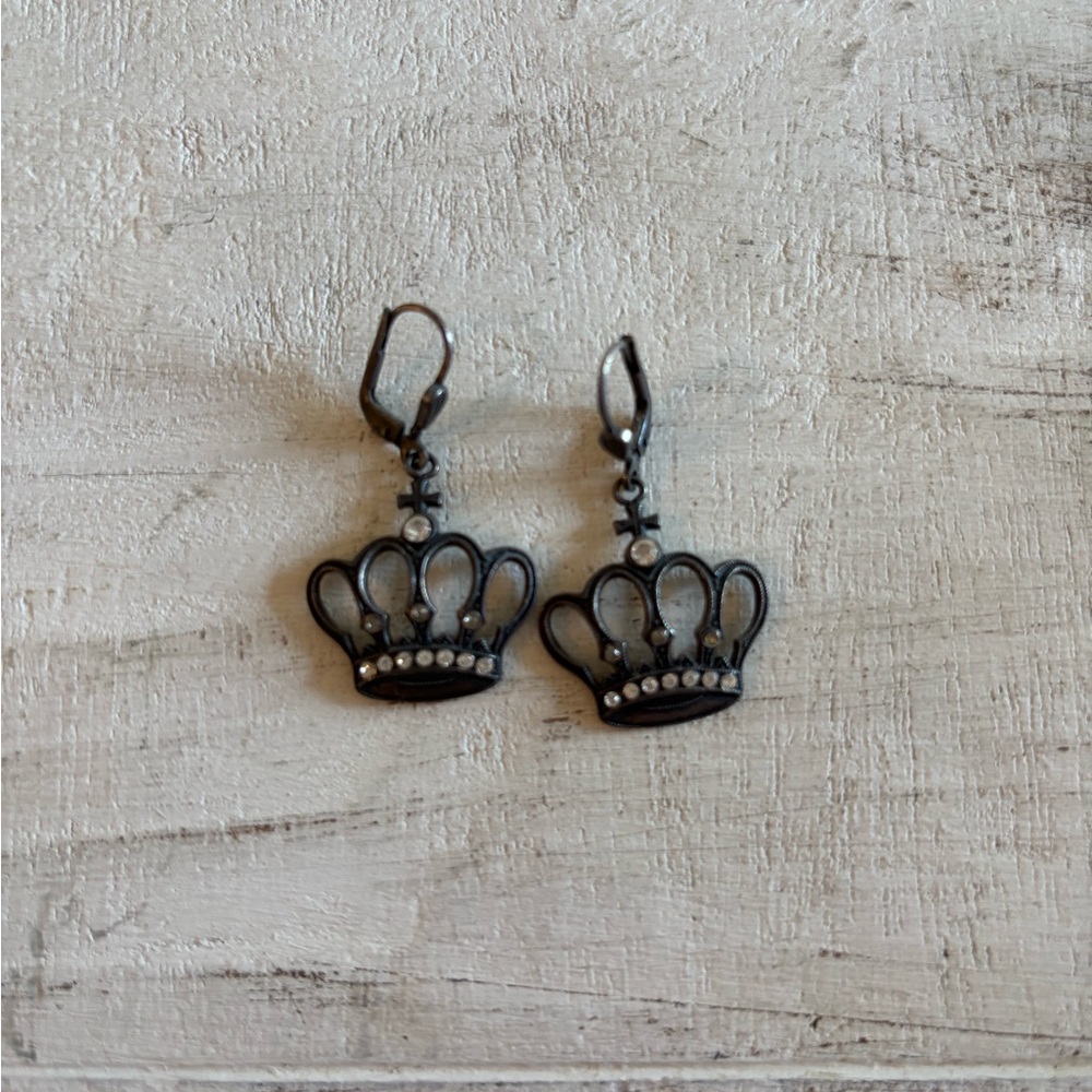 Crown Charm Dangle Earrings - Black with Crystal Accents